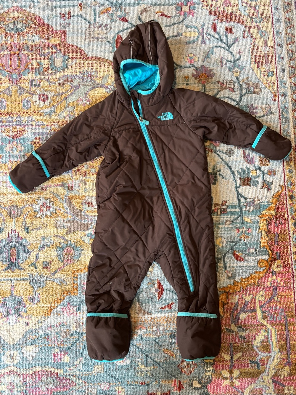 The North Face Brown Quilted Infant One-Piece Snowsuit with Teal Trim